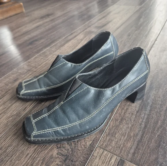 Elegant Blue Black Square Toe Block Heel 6B - Picture 5 of 11